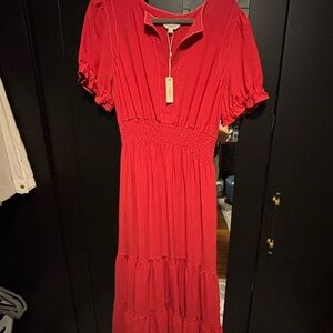 Max Studio Red Smocked-Waist Maxi Dress with Puff Sleeves